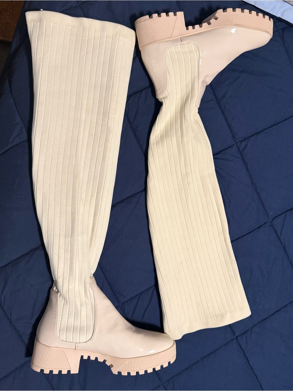 EGO Women’s Knee-High Ribbed Sock Boots in Blush and Cream